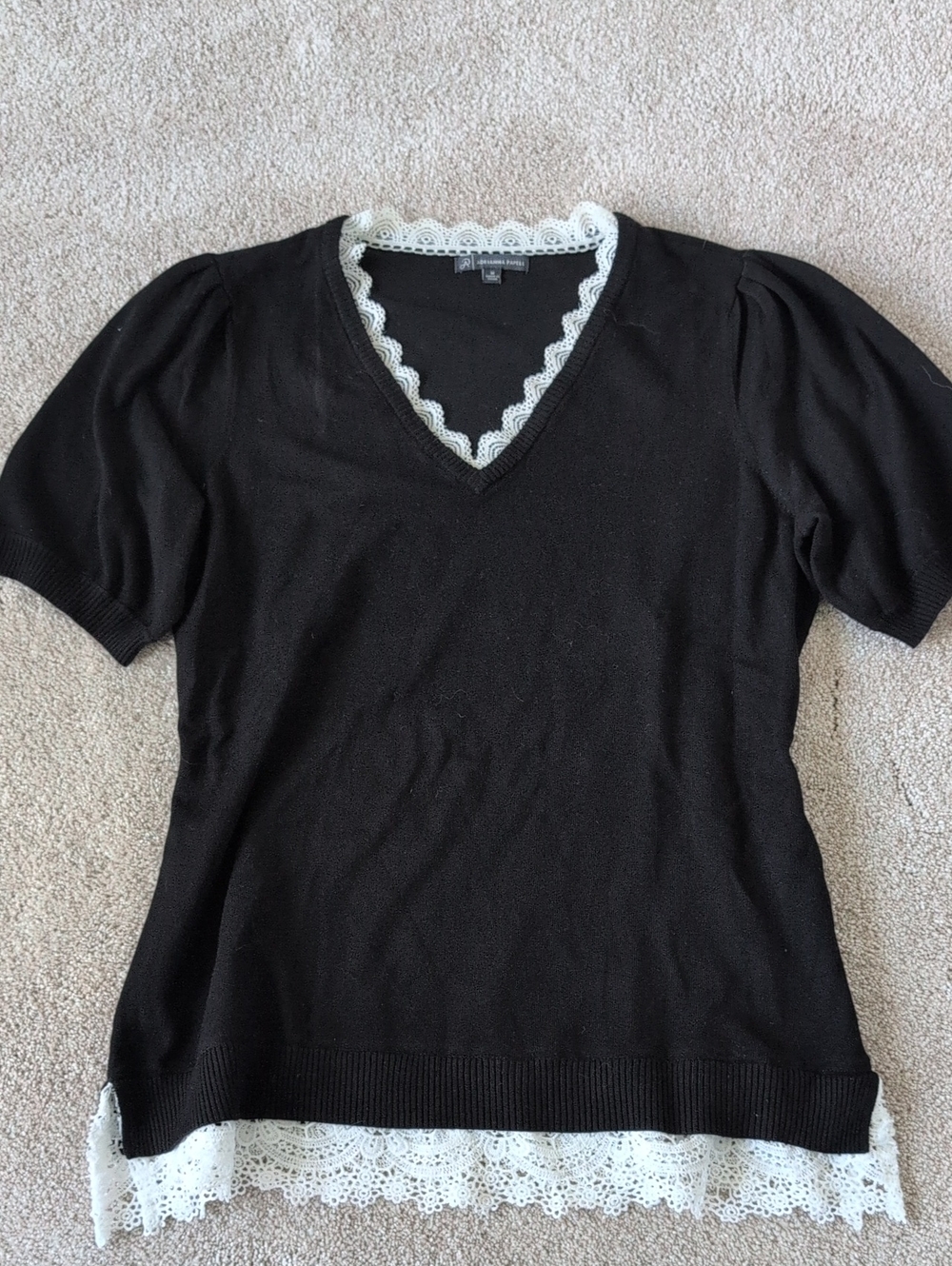 Adrianna Papell Black V-Neck Sweater with White Lace Trim